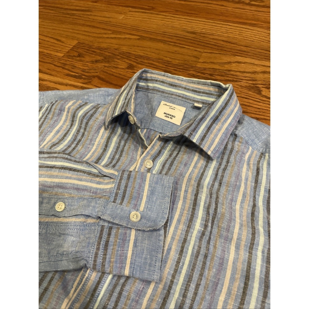 Murano‎ Men's Baird McNutt Linen Slim Fit Shirt Blue Striped Size Large